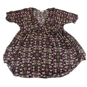 Natural Life Womens L/XL Black Floral Rayon Babydoll Tunic Top Boho V-Neck